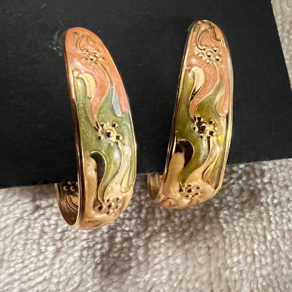 Vintage Art Nouveau Cloisonne Enamel Floral J Hoop Earrings